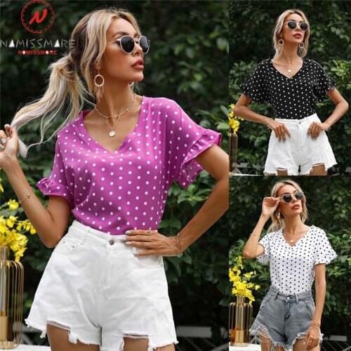 Women Summer Polka Dot Print T-Shirts for Streetwear Patchwork Design Ruffles Decor V-Neck Butterfly Short Sleeve Slim Thin Top