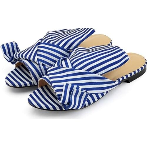 Sestito 2018 Girls Sweety Bowtie Casual Summer Sandals Woman Slip-on Blue Striped Beach Shoes Lady Open Toe Slides Slingback