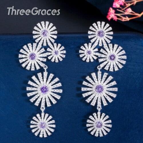 ThreeGraces Summer Style Flower Shape Purple Cubic Zirconia Long Dangle Drop Earrings for Women Wedding Engagement Jewelry ER476