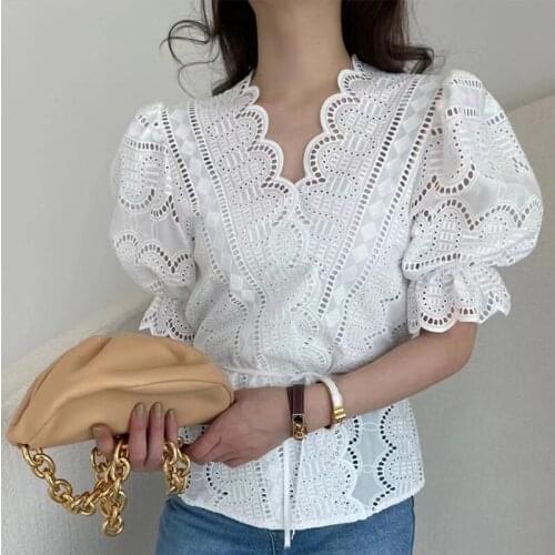Summer new lace lace tops women V-neck temperament fashion Korean version tops women Flared sleeves tops for women 2021