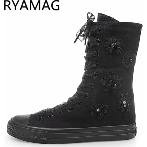 Ryamag 2021 New Womens Canvas Boots mid calf Boots Zip Shoes Flats Casual classicLace-Up Zipper Comfortable Vulcanize Sneakers