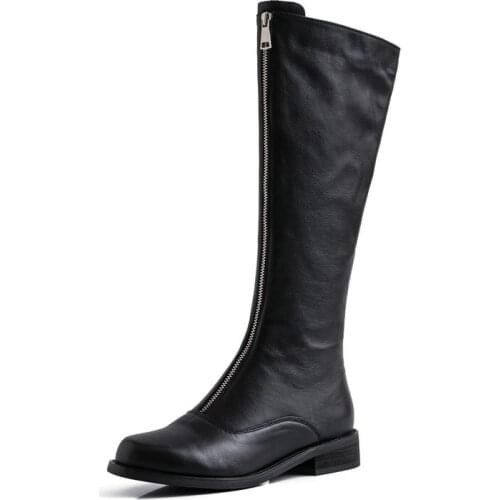Knee high riding boots with zipper 2020 genuine leather equestrian long boots women flat heels round toe shoes
