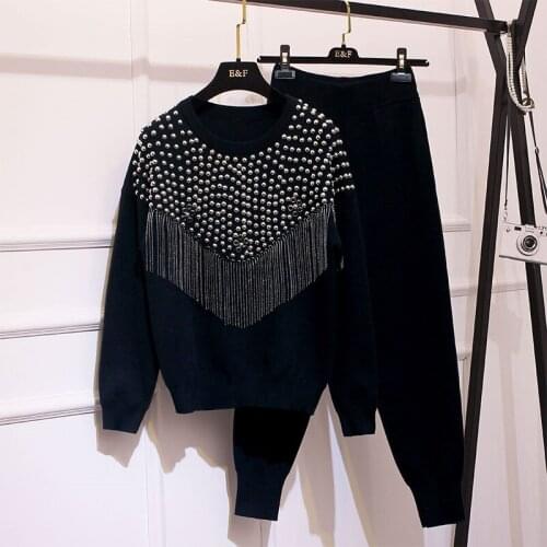 2020 Winter Nail bead Tassel Sweater Set women Long Sleeve Knitted Pullover Tops +Trousers Tracksuit women Fashion Two piece set