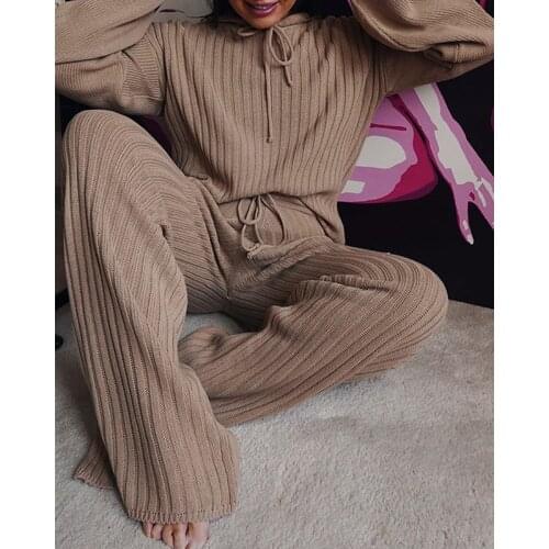 Fall 2021 New Women 2-Piece Knitted Clothes Suit Long-Sleeved Hooded Top and Elastic Waist Trousers Casual Suit