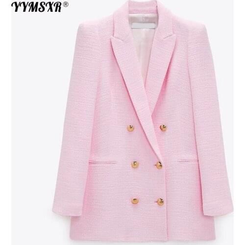 2021 Spring Autumn Women Fashion Vintage Pink Tweed Blazer Coat Chic Pockets Suit Jacket Female Office Outerwear