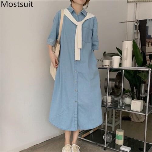Loose Waist Denim Women Long Dress Short Sleeve Turn-down Collar Single Breasted Straight Shirt Dresses Vintage Korean Vestidos