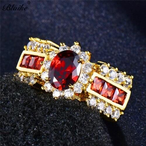 Blaike Big Oval Pomegranate Red Cubic Zirconia Rings For Women Fashion Jewelry Yellow Gold Filled Ring Female Vintage Gifts