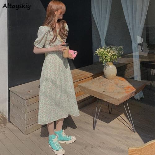Floral Dresses Women O-neck Puff Sleeve Slim Shirring Korean Style Retro Version Summer Tender Sweet Streetwear Ulzzang Mujer