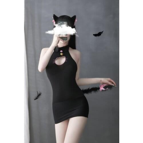Women Girls Sexy Lingerie Temptation Cute Bell Cat Ear Headband Tail Nightdress Uniform Suit Role Playing Cosplay Costume
