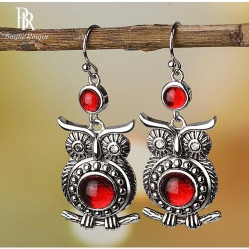 Bague Ringen Vintage Ruby Thai Silver Earrings for Women Individual Character Silver 925 Jewelry Owl Long Ear drops Party Gift