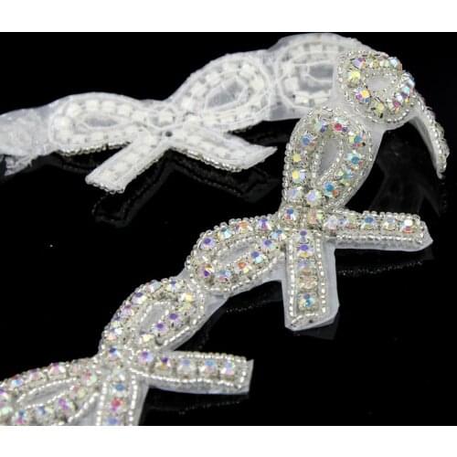 10Yards Rhinestone Ribbon Silver Applique Hotfix Rhinestone Trim AB Crystal Bow Patch Wedding Belt Sash