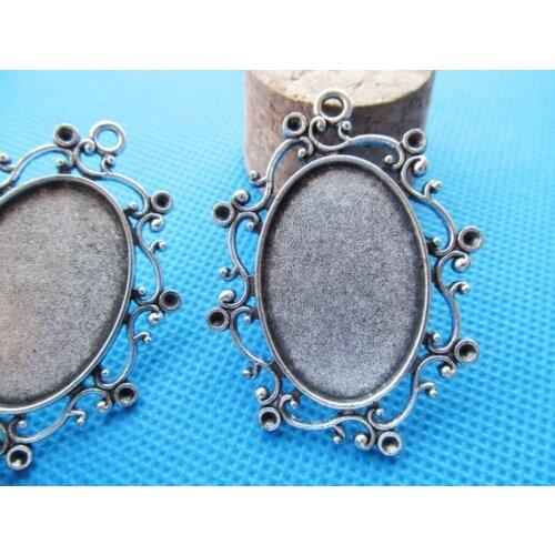 20pcs Antique Silver tone/Antique Bronze Oval Flower Border Base Setting Tray Bezel Pendant Charm,Fit 20mmx30mm Cabochon/Cameo