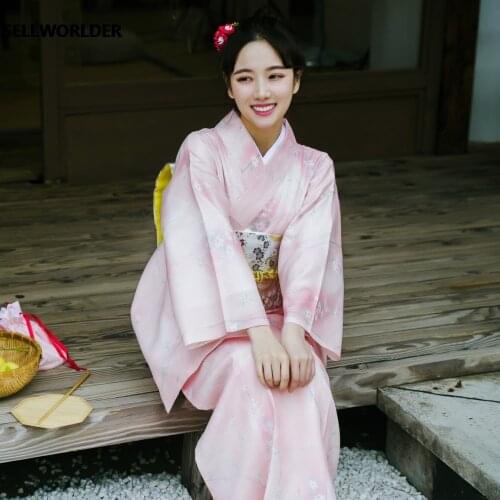 2020 retro Japanese Kimono Style yukata Girl Autumn Travel dress Woman Pink Flower print splice Long Dress with handbag
