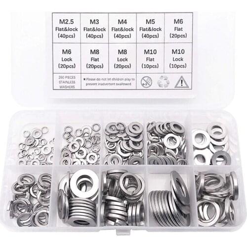 260-Pcs (7-Size) Steel Flat Washer and Lock Washer Assortment Set - Size Included: M2.5 M3 M4 M5 M6 M8 M10