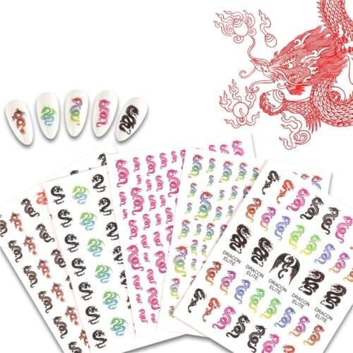 5 sheet/lot 3D Nail Stickers Dragon Decals Red Black Dragons Design Adhesive Nail Sticker Acrylic Tips Manicure Decorations