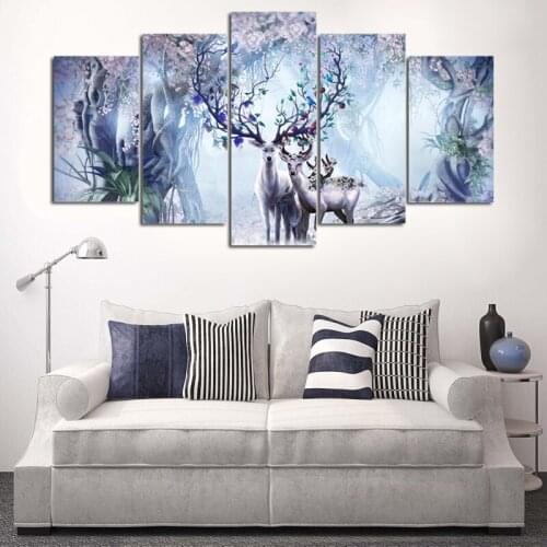 Wall Art Canvas Painting Frame HD Print 5 Pieces dream field Forest Landscape Animal Deers Poster Living Room Home Decor Picture
