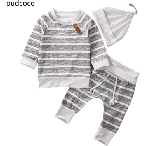 3pcs Set Baby Boy Girls Outfits Clothes Striped Button Long Sleeve T Shirts Tops Pants Hats Outfits Children Clothing Autumn