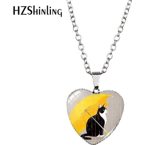 2020 New Cute Cat with Umbrella in The Rain Necklace Glass Dome Jewelry Raining Cats Heart Pendant Photo Necklaces