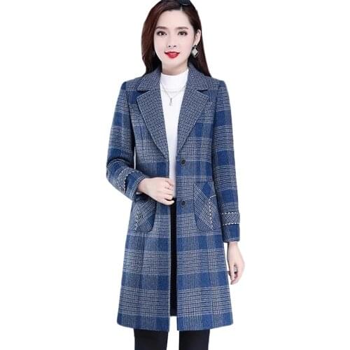 Autumn Winter Jacket Womens Wool Coat New Fashion Plaid Mid Long Woolen Coat Slim Plus Size Female Basic Coat Outerwear AH666