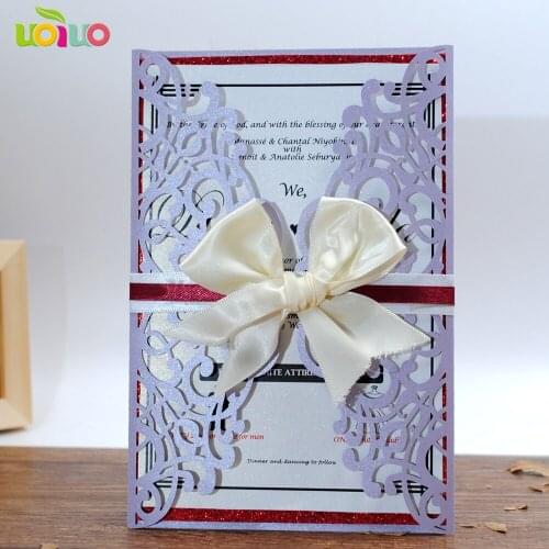 Luxury light purple lavendar laser cut handmade vintage invitation card wedding favor with belly band and envelop 50sets