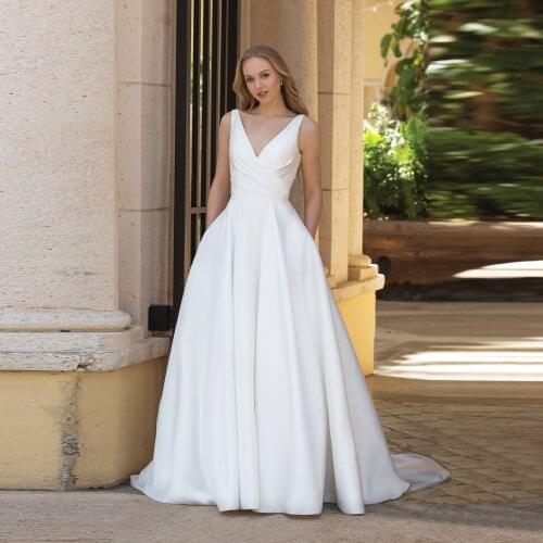 Simple A-line Wedding Dresses 2020 Satin Backless V-Neck Bride Gown Vestido de Noiva Open Back Sleeveless Vintage White Ivory