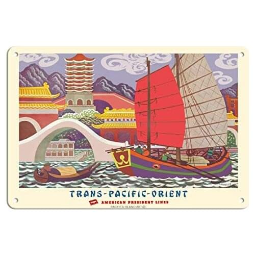 Trans-Pacific-Orient - Temples and Pagodas - American President Lines - Ocean Liner Travel Poster Metal Sign