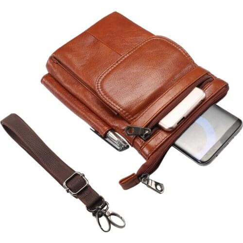 7.0" Universal Waist Bag Man Belt Clip Genuine Leather Case Messenger Shoulder Bag Boy Casual Mini Zipper Bag Phone Cover Wallet