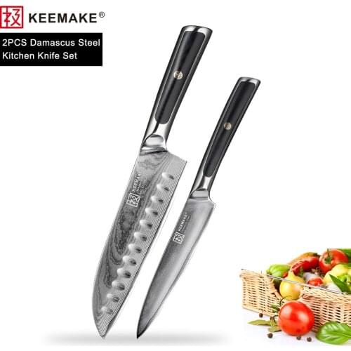 KEEMAKE Santoku Utility Knife Damascus Japanese VG10 Steel Razor Sharp Meat Cutter Chefs Tool G10 Handle 2PCS Kitchen Knife Set