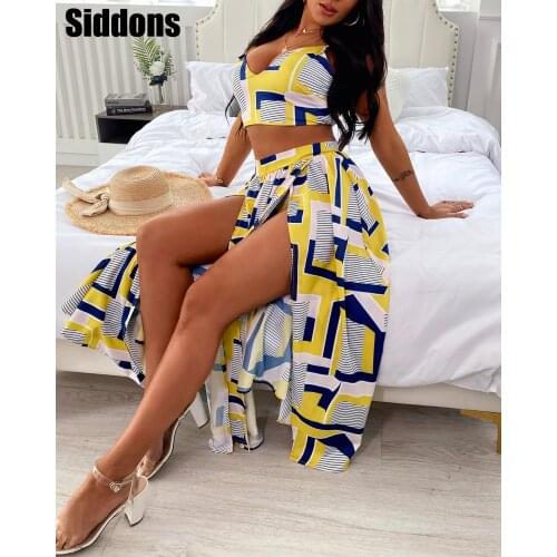 2021 Summer Two Pieces Holiday Women Geo Pattern Colorblock Sexy Crop Top & High Slit Maxi Skirt Set 2PCS Boho Style Beachwear