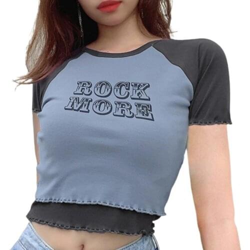 Women Summer Crop Top Adults Color Block Letter Print Short Sleeve Round Neck T-shirt
