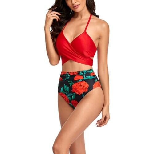 Womens Sexy Floral Bikini 2-Piece Cross Bandage Vest Sub-System Belt High Waist Swimsuit