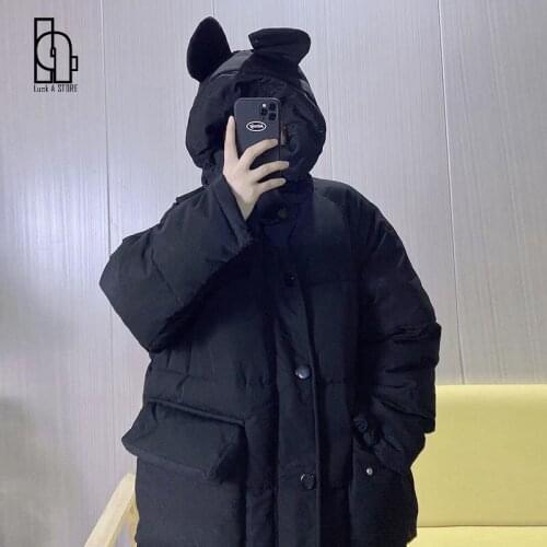 Luck A Women Solid Cute Hooded Winter Thick Warm Down Coats Female Pocket Japanese Cartoon Parkas Kawaii Harajuku Long Coats