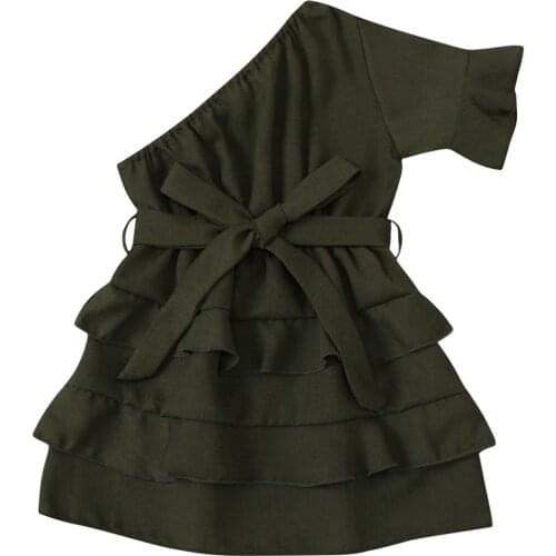 2021 Fashion Toddler Kids Girls Summer Short Sleeve Party Dress Ruffle Solid Color One Shoulder Bowknot Layered Dress