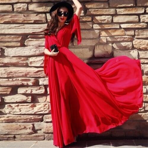 European Popular Womens Summer Bohemian Maxi Long Dress Vintage Flare Sleeve Sexy V Neck Casual Loose Boho Chiffon Dress XH159