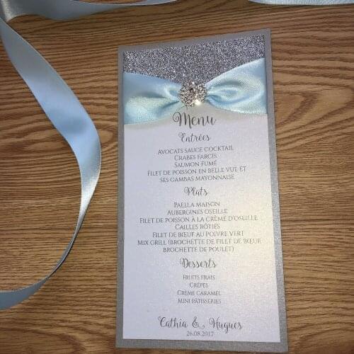 30pcs/lot Personalized menu two layers menu handmade Silver glitter With ribbon and brooch luxury menu whole set available
