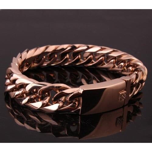 HIP Hop Stainless Steel Chain & Link Double Cuban Bracelets Biker Rose Gold Color Curb Bracelet Bangles for Men Jewelry