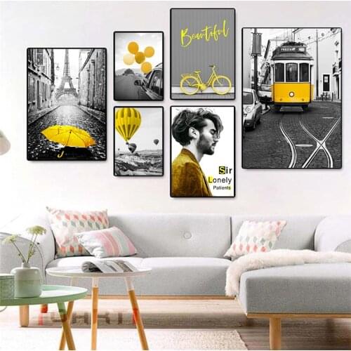 Black And White Background Yellow City And Bus Street Landscape Canvas Painting Living Room Decoration Wall Picture