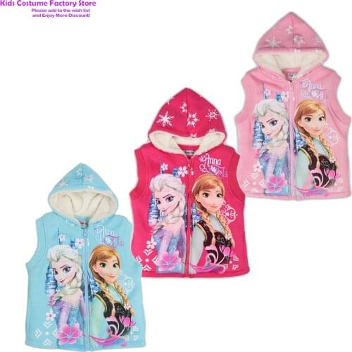 Kids 3-9Years Girls Coats Anna Elsa Princess Cartoon Hooded Sleeveless Plush Jackets Children Outerwear Autumn Winter Clothes
