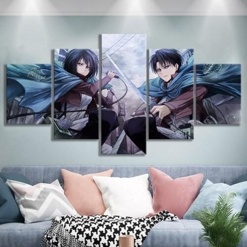 Canvas Wall Art Paintings 5 Panel Attack on Titan Levi Ackerman and Mikasa Anime Poster Cartoon Wall Decor for Living Room