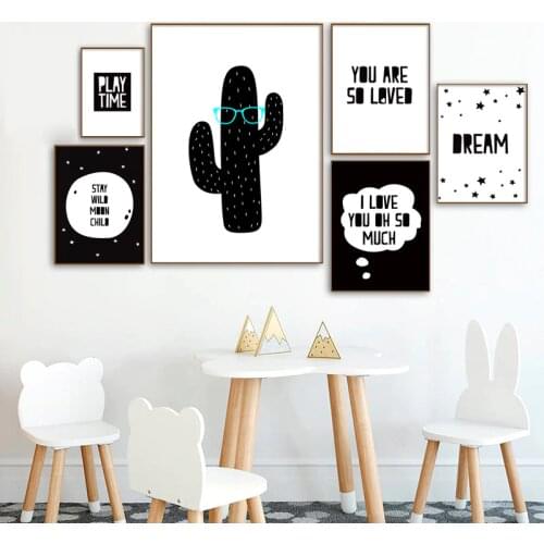 Kawaii Black White Cactus Cartoon Wall Art Canvas Posters Nursery Love Quote Print Nordic Painting Picture Children Room Decor