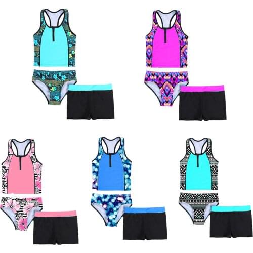 3PCS Swimwear for Kids Girls Tankini Set Swimsuit Floral Print Sleeveless Racerback Tank Vest Shirt Short Beach Swimming Suit
