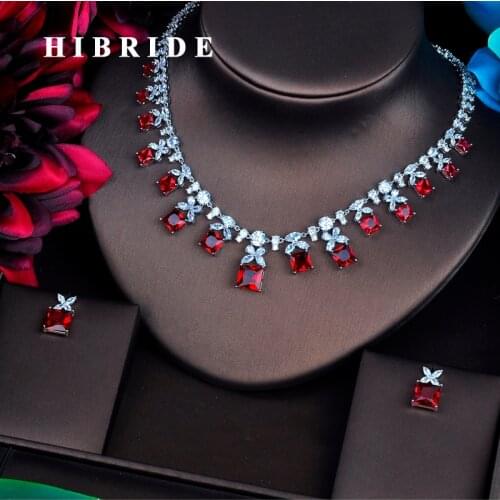 HIBRIDE Sparkling Red Cubic Zirconia Jewelry Sets For Women Earring Necklace Set Wedding Dress Accessories Party Gifts N-484
