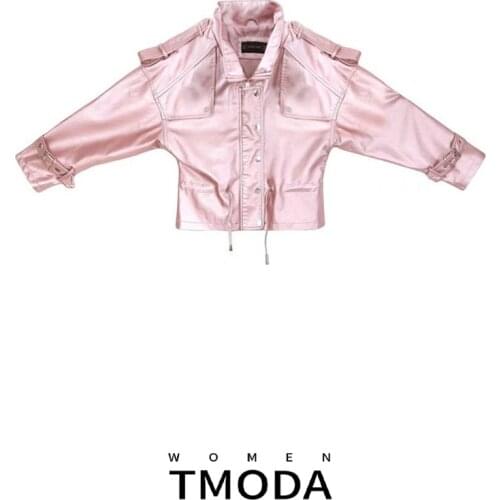 TMODA282 Autumn Winter Women Faux Leather Jackets Coats Lady Pu Motorcycle Shining Pink Zipper Coat Streetwear Biker Outerwear