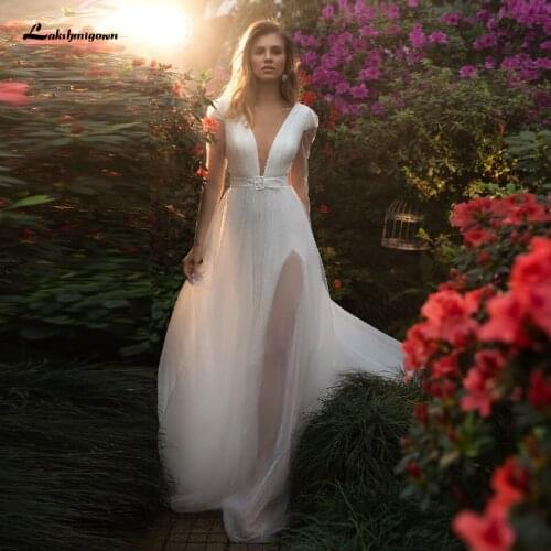 Lashmigown Sparkly A Line Wedding Dress Summer 2021 V-neck Boho Long Sleeve Bridal Wedding Gowns High Side Split Robe Femme