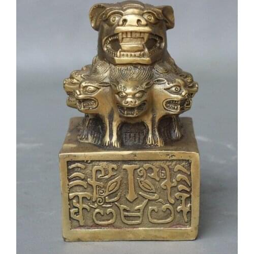 Folk China Brass Dynasty Fu Foo Dog Lion Head Statue imperial Seal Stamp Signet
