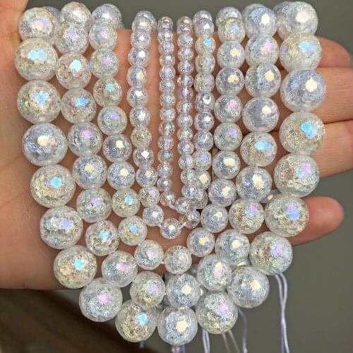 Natural Stone Faceted Rainbow AB White Snow Cracked Quartz Crystal For Jewelry Making Diy Bracelet Necklace 15Inch 4 6 8 10 12mm