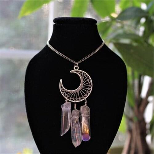 Natural Crystal Stone Crescent Necklace Gothic Moon Phase Celestial Jewelry Witch Jewelry Lady Fashion Creative Gift