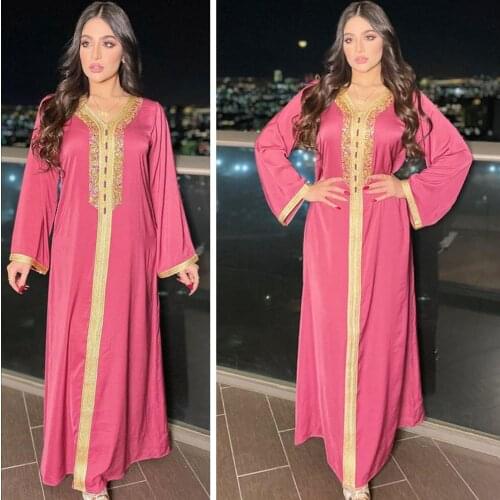 New Middle East Muslim Women Long Dress Arab Abaya Moroccan Dubai Kaftan V-neck Diamonds Maxi Robe Ramadan Eid Islamic Clothing