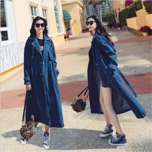 Autumn Denim Trench Coat For Women New Double-breasted Jeans Windbreaker Long Outerwear Womens Slim Student Coat With Belt G346