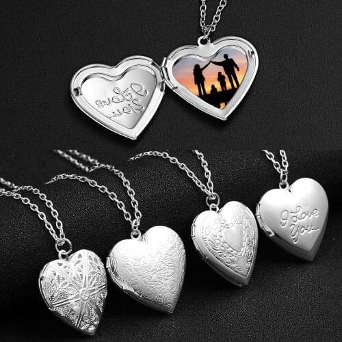 Openable Photo Frame Glossy Family Pet Picture Necklace Silver Color Love Heart Locket Pendants for Women Men Family Love Gift
